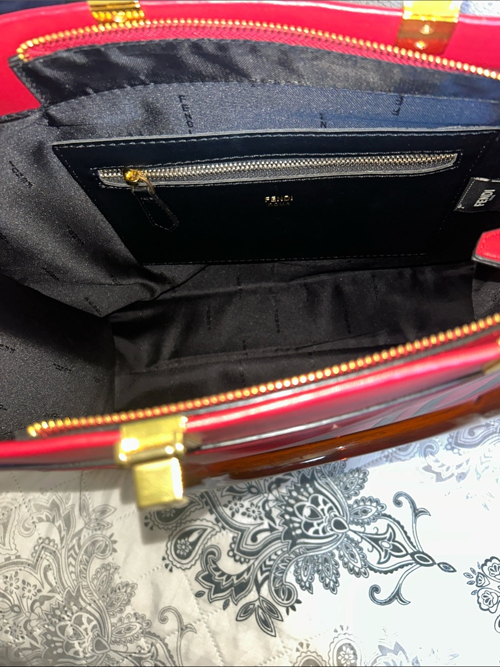 Fendi Red Leather Logo Tote with Black Accents - Picture 3 of 4